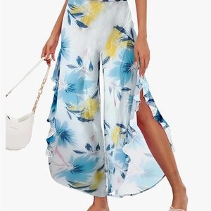 🔥🆕🔥 Famulily Floral Blue and Yellow Women's Wide-Leg Pants​